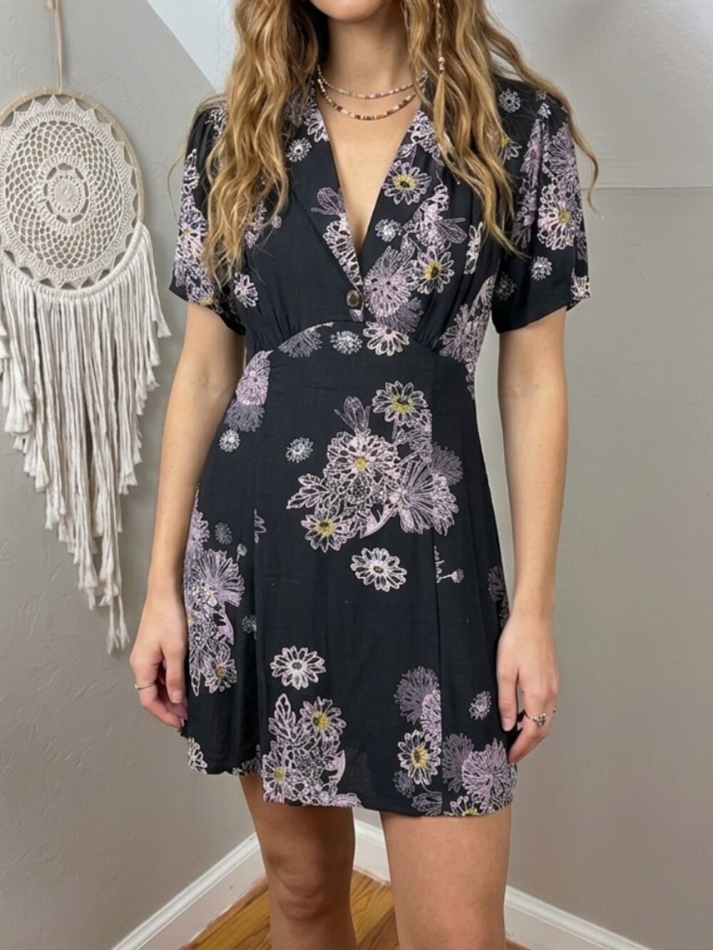 Free People | Black Floral Short Sleeve Mini Dress Size Small